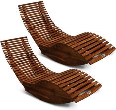 two wooden slatted chairs sitting next to each other on top of a white surface