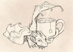 a drawing of a tea cup with a dragon on it