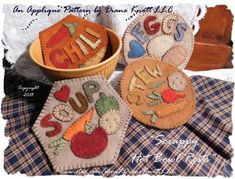 three handmade coasters are sitting on a plaid tablecloth with the words thank