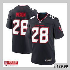 Made for the enthusiastic Houston Texans fan who wants to represent the team with ease, this Joe Mixon Game Jersey by Nike. Its printed name and number graphics provide a kickoff-ready aesthetic while also offering a comfortable, lightweight feel. Designed for everyday movement, this jersey has a loose fit and features mesh side panels for added ventilation as you celebrate every big play by Joe Mixon this season. Team Games, H Town, Houston Texans, Nike Men, Houston, Nfl, Loose Fitting, Navy, Nike