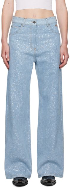 Wide-leg non-stretch denim jeans. Glittered paint splatter effect throughout. · Belt loops · Five-pocket styling · Zip-fly · Logo embroidered at front · Leather logo patch at back waistband · Contrast stitching in brown Supplier color: Light blue/Silver Straight Leg Denim Jeans With Sequins, Straight Leg Sequin Denim Jeans, Sequined Straight Leg Denim Jeans, Glitter Jeans, Fly Logo, Glitter Paint, Leather Logo, Paint Splatter, Contrast Stitch