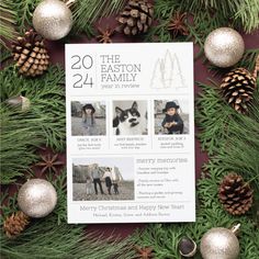 a christmas card with pine cones and ornaments around it