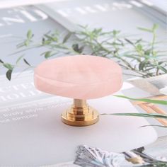 a pink glass door knob sitting on top of a white table next to green plants