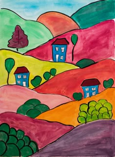 a drawing of houses on a hill with trees and hills in the background, painted by children