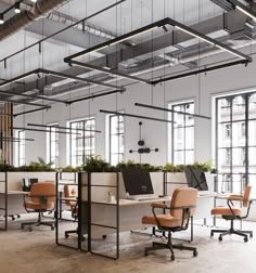 an open office with desks, chairs and plants in the middle of the room