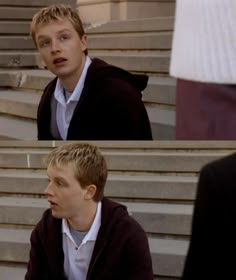 two pictures of a man sitting on the bleachers with his mouth open and looking at something