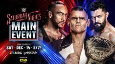 two men standing next to each other in front of a neon background with the words main event