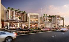 an artist's rendering of the exterior of a shopping center with cars driving by