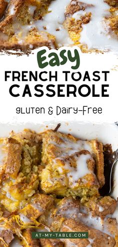 Close-up of a warm gluten-free French toast casserole topped with a drizzle of icing. Perfect for gluten-free dairy-free recipes breakfast and a comforting make-ahead meal for busy mornings or holidays. Easy Gluten Dairy Free Breakfast, Gluten Free Dairy Free New Years Eve, Egg Free Gluten Free Breakfast, Gluten Free Dairy Free Brunch Recipes, Lactose Free Breakfast Casserole, Healthy Gluten Free Breakfast Recipes, Dairy Egg Free Breakfast, Dairy Free Brunch Ideas, Gluten Free Dairy Free Casserole