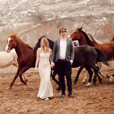 a man and woman are standing in front of horses