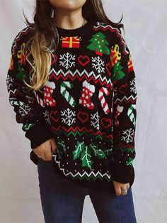 Festive Knit Santa Candy Canes Trees Round Neck Holiday Sweater This oversized knit sweater offers functionality with beautiful holiday print.Features a unique stripe pattern with Snowflakes, Christmas trees, hearts, candy canes, stockings and mistletoe.Bold, colorful and festive that you will want to wear everyday year.Round neckline, long sleeves and bottom hem all have ribbed trim.Perfect pullover for pairing with jeans or leggings for fall and easy to layer for winter.Casual chic sophisticat Sweater Christmas Stockings, Heart Snowflake, Tree Heart, Elegant Sweater, Snowflake Design, Party Kleidung, Knit Style, Estilo Chic, Sweater Jumper