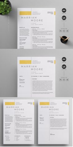 three different types of resumes on top of each other, one with yellow accents