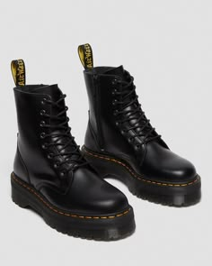 Jadon Boot Smooth Leather Platforms in Black | Dr. Martens Jadon Smooth Leather Platform Boots, Modern Harry Potter, Dr Martens Jadon Boots, Jadon Platform Boots, Jadon Boots, Dr Martens Jadon, Dr Shoes, Black Platform Boots, Black Polish