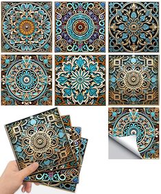 four different images of blue and gold tiles with intricate designs on the sides, including one in