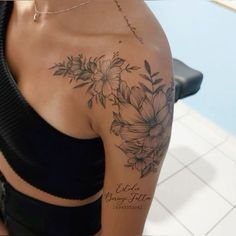 Shoulder Female Tattoo, 3 Different Flowers Tattoo, Roses Tattoo Women, Flattering Tattoo Placement, Feminine Tattoo Sleeves Upper Arm, Upper Arm Tats For Women, Shoulder Wrap Tattoo Women, Different Flowers Tattoo, Collar Bone Tattoo Flowers