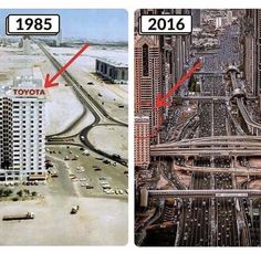 two pictures show the same street in different cities, one showing an intersection and the other showing