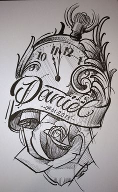 a drawing of a clock with the words dance and roses on it's face