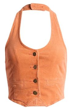 Fall for the silhouette of this chic halter vest crafted from soft, stretch-kissed corduroy in a cropped silhouette. Front button closure Halter neck Front welt pockets 99% cotton, 1% elastane Machine wash, line dry Imported Halter Vest, Fabric Gift Bags, Nordstrom Store, Halter Neck, Free Fabric, Fabric Gifts, Welt Pocket, Jackets For Women, Nordstrom