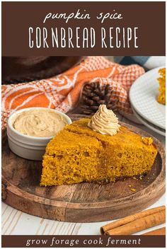 a slice of pumpkin spice cornbread recipe on a wooden plate