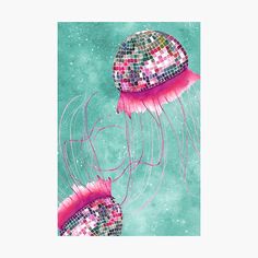 two pink jellyfishs floating in the water with mosaic tiles on their heads framed print