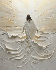 a painting of a person standing in the middle of water with white swirls on it