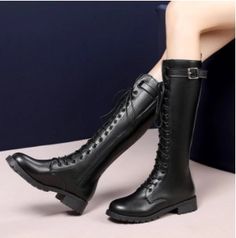 Black Buckle Design Knee High Lace up Boots on Storenvy Creepers Shoes, Boots Fall, Creepers, Shoes Fashion, Lace Up Boots, High Boots, Knee High Boots, Riding Boots, Black Boots