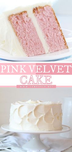 pink velvet cake with white frosting on a plate