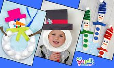 there are four different pictures of snowmen and wreaths made from construction paper plates