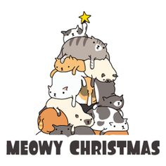 a group of cats sitting on top of each other with the words meowy christmas written below