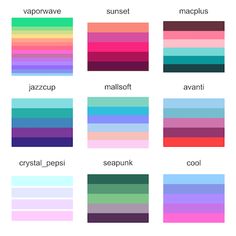 the color chart for different shades of pink, blue, green and purple with text that says