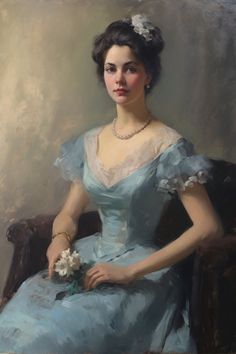 an oil painting of a woman in a blue dress sitting on a chair holding a flower