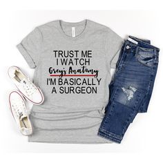 Perfect for Grey's Anatomy fans! This is perfect for anyone! You totally need this!**Shirt in the photo is the Unisex Tee**Design is done and high-quality heat transfer vinyl.These shirts come in a wide variety of styles and sizes. Please be sure to select the correct size and style from the style drop-down menu. We are not responsible for incorrect size or style selection. Our shirts are custom made to order and are non refundable or exchangeable.Size charts can be found in my FAQ section for reference. Just copy and paste the link.Please copy and paste the links for sizing information.**PLEASE NOTE THAT STYLES AND BRANDS MAY CHANGE WITHOUT NOTICE PENDING AVAILABILITY.**Unisex Men's Tee: https://www.apparelvideos.com/cs/CatalogBrowser?todo=ss&productId=BC3001Ladies Crew Neck: https://www. Greys Anatomy Clothes, Greys Anatomy Crewneck, Anatomy Tshirt, Grays Anatomy Tshirt, Greys Anatomy Shirts, Watch Greys Anatomy, Anatomy Shirts, Barbie Top, Lady V