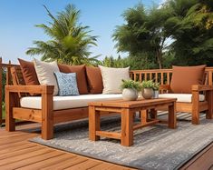 a wooden couch sitting on top of a wooden deck