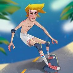 a man riding a skateboard down a street next to palm trees and blue sky