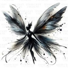 a watercolor painting of a black and white fairy girl with wings on her back