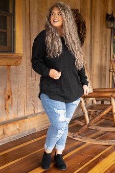 Our ALL NEW Slouchy is here!!! This black cableknit tunic has a flattering CURVED hem, our signature dolman sleeves and long loose fit! This tunic is going to be your new go-to piece for the Fall and Winter or any time of year, really! It is seriously the softest material ever, and the neutral color makes it SO easy to style! Pair it with leggings, skinnies, booties, flats, a scarf, some glam accessories...seriously the opportunities are endless!! This comfy, cute beauty is a no-brainer!! 97% Po Iutfits With Boots Plus Size, Plus Size Flannel Tunic, Plus Size Leggings Dress, Plus Size Tunics And Leggings, Plus Size Top And Leggings, Plus Size Tops Fall, Tunics With Leggings Plus Size, Amazon Plus Size Clothing Fall, Plus Size Fall Clothing 2022