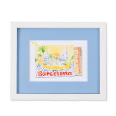 a blue and white frame with a painting on the wall in front of it that says barcelona