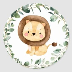 a watercolor painting of a lion on a plate with green leaves around the edges