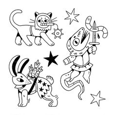 two cartoon cats playing with each other in black and white, one is holding a toy