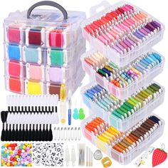 an assortment of crafting supplies in plastic containers