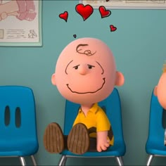 two cartoon characters are sitting in chairs with hearts above their heads and one has his head turned to the side