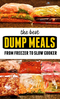 Freezer meals on counter with text "The best dump meals from freezer to slow cooker" Make Ahead Crockpot Meals To Freeze Dump Dinners Dinners, Crockpot Dump And Go Freezer Meals, One Pot Freezer Meals, Freezable Crockpot Meals, Family Food Prep For The Week, Freezer Pot Roast Crockpot, Easy Crockpot Meal Prep Freezer Recipes, Freezer To Crockpot Recipes, Crockpot Dump Meals Freezer Cooking