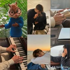 a collage of photos with people and animals on them, including a person playing the piano