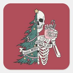 a christmas tree with a skeleton holding a candy bar in it's hand and the word