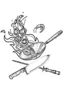 a black and white drawing of a frying pan with shrimp on it next to a knife