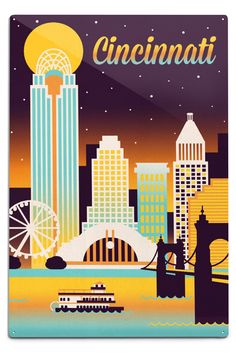 Cincinnati, Ohio, Retro Skyline Chromatic Series, Lantern Press Artwork, Art Prints and Metal Signs Art Lantern Press Aluminum Art, Wood Postcard, Gallery Artwork, Large Framed Prints, Outdoor Stickers, Cincinnati Ohio, Panel Art, Aluminium Art, Hanging Art