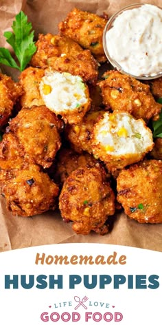 homemade hush puppies with dip and parsley on the side