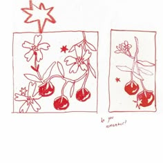 two drawings of cherries in red ink on white paper, each with a star above them