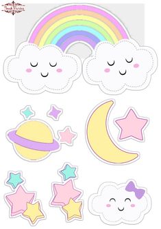 some stickers with stars, clouds and a rainbow