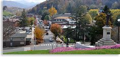 a town with mountains in the background and colorful flowers on the ground near trees, bushes, and street lights